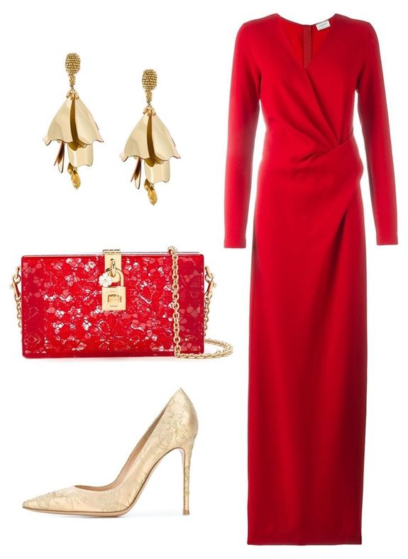Красное платье в пол и красные туфли
